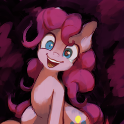 Size: 3000x3000 | Tagged: safe, artist:ruby, pinkie pie, earth pony, pony, g4, abstract background, crazy face, crying, faic, female, high res, hurting, insanity, looking at you, mismatched eyes, shrunken pupils, sitting, smiling, solo