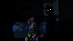 Size: 1191x670 | Tagged: safe, artist:crimsondusk, pinkie pie, g4, bed, bedroom, five nights at freddy's, five nights at freddy's 4, fredbear plush, moonlight, nightmare freddy, scared