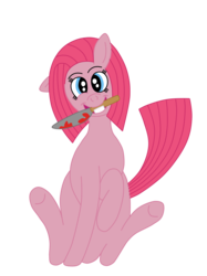 Size: 1936x2592 | Tagged: safe, artist:squipycheetah, pinkie pie, earth pony, pony, g4, blood, bloody knife, eye twitch, female, floppy ears, grin, head tilt, knife, looking at you, mouth hold, pinkamena diane pie, raised hoof, simple background, sitting, smiling, solo, transparent background, twitch, vector