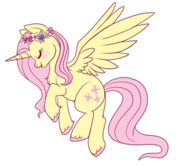 Size: 650x613 | Tagged: safe, artist:lulubell, fluttershy, alicorn, pony, g4, alicornified, blushing, eyes closed, female, floral head wreath, flower, fluttercorn, flying, mare, race swap, simple background, solo, transparent background, unshorn fetlocks