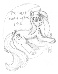 Size: 1386x1763 | Tagged: safe, artist:neonshower, trixie, pony, unicorn, g4, chest fluff, ear fluff, female, mare, monochrome, pencil drawing, solo, tail bow, traditional art