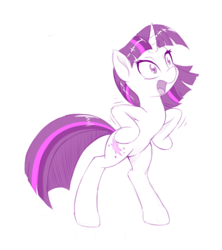 Size: 888x1000 | Tagged: safe, artist:dstears, twilight sparkle, pony, unicorn, g4, behaving like a bird, chicken dance, female, mare, monochrome, open mouth, purple, silly, silly pony, simple background, solo, unicorn twilight, white background