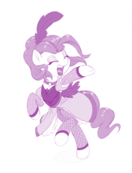 Size: 835x1100 | Tagged: safe, artist:dstears, pinkie pie, earth pony, pony, g4, over a barrel, alternate hairstyle, clothes, dress, eyes closed, feather, female, fishnet stockings, monochrome, open mouth, purple, raised hoof, saloon dress, saloon pinkie, simple background, singing, solo, stockings, white background