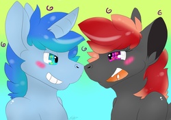 Size: 1280x896 | Tagged: safe, artist:spazywolf, oc, oc only, oc:dark comet, oc:gamma ray, blushing, ych result