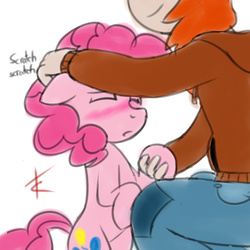 Size: 1450x1450 | Tagged: safe, artist:crade, pinkie pie, human, pony, g4, blushing, cute, ear scratch, holding hooves, human on pony hoof holding, offscreen character, petting