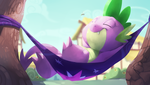 Size: 3000x1700 | Tagged: safe, artist:blitzdrachin, spike, breezie, series:breezie brooch, g4, commission, hammock, imminent vore, sleeping