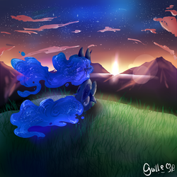 Size: 1070x1070 | Tagged: safe, artist:guillermina88, princess luna, g4, cloud, color porn, female, mountain, rear view, sitting, solo, stars, sunset, twilight (astronomy)
