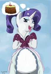 Size: 886x1280 | Tagged: safe, artist:symplefable, rarity, g4, against glass, belly, cake, cravings, drool, female, food, glass, hind legs, open mouth, preggity, pregnant, solo, thought bubble, tongue out