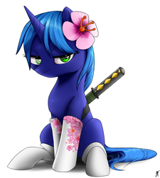 Size: 900x1000 | Tagged: safe, artist:supermare, oc, oc only, pony, unicorn, clothes, flower, flower in hair, socks, solo, sword, weapon