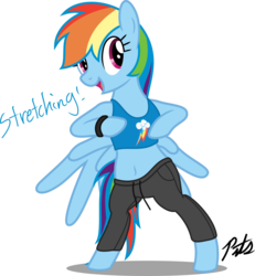 Size: 1280x1387 | Tagged: safe, artist:camo-pony, rainbow dash, pony, semi-anthro, g4, belly button, bipedal, bra on pony, clothes, female, midriff, simple background, solo, sports bra, transparent background