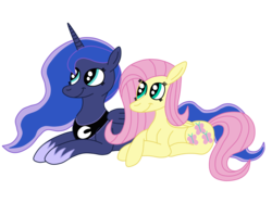 Size: 2592x1936 | Tagged: safe, artist:squipycheetah, fluttershy, princess luna, g4, crossed hooves, female, lesbian, looking up, lying down, missing accessory, ship:lunashy, shipping, simple background, smiling, transparent background, vector