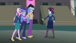 Size: 1280x720 | Tagged: safe, screencap, dean cadance, princess cadance, princess celestia, princess luna, principal abacus cinch, principal celestia, vice principal luna, human, equestria girls, g4, my little pony equestria girls: friendship games, cadance is not amused, celestia is not amused, crossed arms, female, fist, group, hand on hip, luna is not amused, quartet, unamused