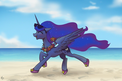 Size: 1180x786 | Tagged: safe, artist:ehfa, princess luna, alicorn, pony, beach, blushing, clothes, cute, eyes closed, female, floppy ears, flower, happy, lei, lunabetes, mare, open mouth, running, shoes, smiling, solo, spread wings, sunglasses, when you see it