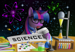 Size: 2000x1400 | Tagged: safe, artist:duskie-06, twilight sparkle, g4, atom, book, clothes, female, glasses, lab coat, science, solo