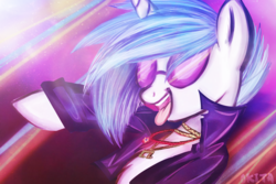 Size: 2449x1632 | Tagged: safe, artist:nataliaokita1, dj pon-3, vinyl scratch, g4, clothes, female, jacket, necklace, solo, tongue out