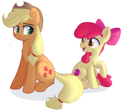 Size: 2307x2080 | Tagged: safe, artist:kaylemi, apple bloom, applejack, earth pony, pony, g4, chest fluff, cutie mark, duo, duo female, female, filly, high res, mare, open mouth, raised hoof, simple background, sisters, sitting, smiling, the cmc's cutie marks, white background