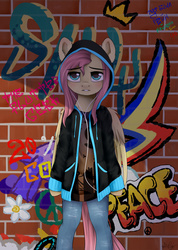Size: 1334x1874 | Tagged: safe, artist:kaylemi, fluttershy, pony, semi-anthro, g4, arm hooves, bipedal, clothes, female, graffiti, hoodie, looking at you, solo