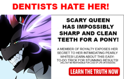 Size: 550x350 | Tagged: safe, artist:mylittlesheepy, edit, king sombra, g4, advertisement, clickbait, creepy smile, dentists hate her, dermatologists hate her, meme, parody, queen umbra, rule 63, sharp teeth