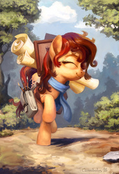 Size: 616x900 | Tagged: safe, artist:cannibalus, oc, oc only, female, forest, mare, paintbrush, painter, saddle bag, solo