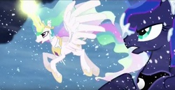 Size: 850x439 | Tagged: safe, screencap, princess celestia, princess luna, g4, the crystalling, blizzard, snow, snowfall