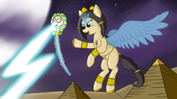 Size: 5000x2800 | Tagged: safe, artist:sethisto, oc, oc only, oc:sphinx, ankh, artificial wings, augmented, egyptian, egyptian pony, lightning, magic, magic wings, night sky, pyramid, wings