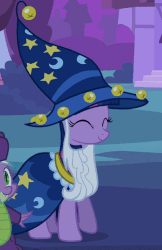 Size: 383x591 | Tagged: safe, screencap, spike, star swirl the bearded, twilight sparkle, dragon, pony, unicorn, g4, luna eclipsed, animated, clothes, cosplay, costume, cute, female, male, mare, nightmare night costume, raised hoof, star swirl the bearded costume, twiabetes, twilight the bearded, unicorn twilight