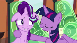 Size: 1280x720 | Tagged: safe, screencap, rainbow dash, starlight glimmer, twilight sparkle, alicorn, pony, g4, the crystalling, animated, castle, female, floppy ears, frown, gritted teeth, happy, hug, mare, open mouth, smiling, talking, twilight sparkle (alicorn), volumetric mouth, wide eyes