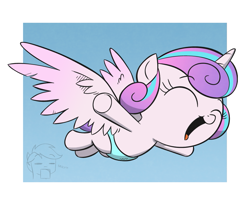 Size: 965x792 | Tagged: safe, artist:php104, princess flurry heart, scootaloo, alicorn, pony, g4, season 6, baby, cute, diaper, eyes closed, flurrybetes, flying, happy, open mouth, scootaloo can't fly, solo focus, spread wings, srsly, underhoof