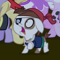 Size: 303x303 | Tagged: safe, screencap, dinky hooves, noi, pipsqueak, piña colada, earth pony, pony, g4, luna eclipsed, animated, clothes, colt, costume, eyepatch, faic, fear, male, nightmare night, nightmare night costume, pirate, raised hoof, scared, shaking, vibrating