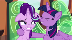 Size: 1280x720 | Tagged: safe, screencap, starlight glimmer, twilight sparkle, alicorn, pony, g4, the crystalling, castle, female, floppy ears, hug, mare, out of context, twilight sparkle (alicorn)