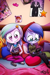 Size: 735x1088 | Tagged: safe, artist:fj-c, princess celestia, princess luna, human, equestria girls, g4, bed, bedroom, blushing, book, computer, cute, ed sheeran, glasses, hat, heart, humanized, laptop computer, poster, reading, sitting, smiling, stars, younger