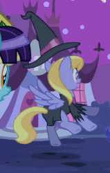 Size: 257x405 | Tagged: safe, screencap, cloud kicker, princess luna, pegasus, pony, g4, luna eclipsed, animated, background pony, butt, clothes, costume, female, floating, hat, hat pop, jumping, male, open mouth, perfect loop, plot, spread wings, wat, wide eyes, witch, witch hat