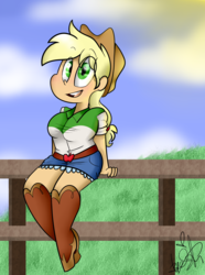 Size: 2615x3513 | Tagged: safe, artist:befishproductions, applejack, equestria girls, g4, boots, breasts, busty applejack, clothes, cowboy hat, cute, denim skirt, female, hat, high res, signature, skirt, solo, stetson