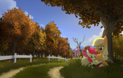 Size: 4843x3059 | Tagged: safe, artist:gign-3208, apple bloom, applejack, earth pony, pony, g4, autumn, book, duo, duo female, female, filly, high res, mare, reading, scenery, sisters, sweet apple acres, tree