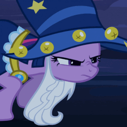 Size: 414x414 | Tagged: safe, screencap, star swirl the bearded, twilight sparkle, pony, g4, luna eclipsed, animated, clothes, cosplay, costume, grumpy twilight, hat, nightmare night costume, nose wrinkle, star swirl the bearded costume, twilight the bearded