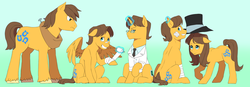 Size: 4618x1612 | Tagged: safe, artist:pikokko, caramel, chance-a-lot, creme brulee, doctor horse, doctor stable, toffee, earth pony, pegasus, pony, unicorn, g4, bandage, bandaid, blue background, brother and sister, brothers, clothes, female, floppy ears, frown, glare, grin, hat, headcanon, looking at you, looking back, magic, male, mouth hold, necktie, nervous, raised hoof, simple background, sitting, smiling, spread wings, squee, telekinesis, unamused, unshorn fetlocks