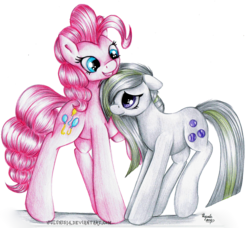 Size: 2745x2504 | Tagged: safe, artist:julunis14, marble pie, pinkie pie, g4, colored pencil drawing, gift art, high res, hug, pie sisters, pie twins, signature, sisters, traditional art, twins