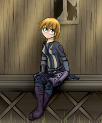 Size: 3331x4001 | Tagged: safe, artist:jetwave, oc, oc only, oc:littlepip, human, fallout equestria, broken window, clothes, fanfic, fanfic art, female, freckles, humanized, humanized oc, jumpsuit, light skin, pipbuck, sitting, solo, vault suit