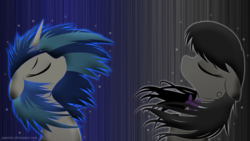 Size: 1920x1080 | Tagged: safe, artist:pepenist, artist:rariedash, edit, dj pon-3, octavia melody, vinyl scratch, earth pony, pony, unicorn, g4, abstract background, bowtie, bust, eyes closed, female, floppy ears, horn, lesbian, lineless, mare, portrait, profile, ship:scratchtavia, shipping, vector, wallpaper, wallpaper edit