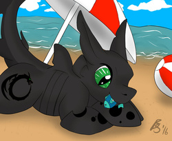 Size: 986x810 | Tagged: safe, artist:mercyamour, oc, oc only, changeling, fish, hybrid, original species, shark, shark pony, beach, changeling oc, cuteling