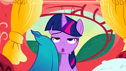 Size: 1920x1080 | Tagged: safe, screencap, twilight sparkle, g4, party of one, :o, bed, bed hair, female, golden oaks library, messy mane, morning ponies, open mouth, sleepy, solo, tired