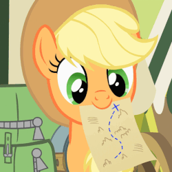 Size: 464x464 | Tagged: safe, screencap, applejack, earth pony, pony, g4, season 4, somepony to watch over me, animated, backpack, bag, female, happy, map, mare, mouth hold, solo
