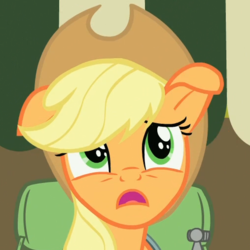 Size: 507x507 | Tagged: safe, screencap, applejack, pony, g4, somepony to watch over me, bag, eye shimmer, female, floppy ears, solo