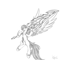 Size: 5000x5000 | Tagged: safe, artist:skitsroom, princess cadance, g4, absurd resolution, female, fluffy, monochrome, simple background, solo, spread wings, sword, weapon