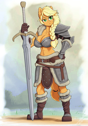 Size: 1260x1800 | Tagged: safe, artist:skecchiart, applejack, earth pony, anthro, plantigrade anthro, g4, abs, armor, big breasts, breasts, busty applejack, cleavage, female, solo, sword, unconvincing armor, weapon