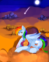 Size: 1900x2400 | Tagged: safe, artist:hexblaster, rainbow dash, scootaloo, g4, cloud, cuddling, scootalove, sky, sleeping, snuggling, speedpaint