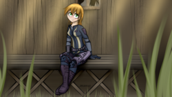 Size: 3840x2160 | Tagged: safe, artist:jetwave, oc, oc only, oc:littlepip, human, fallout equestria, clothes, fanfic, fanfic art, female, freckles, high res, humanized, humanized oc, jumpsuit, light skin, pipbuck, sitting, solo, vault suit, wallpaper