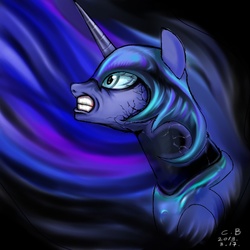 Size: 800x800 | Tagged: safe, artist:coke-brother, nightmare moon, princess luna, g4, female, gritted teeth, helmet, solo