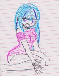 Size: 1322x1704 | Tagged: safe, artist:elgatosabio, sonata dusk, equestria girls, g4, crying, female, kneeling, lined paper, loose hair, solo, traditional art
