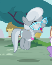 Size: 416x516 | Tagged: safe, screencap, diamond tiara, silver spoon, earth pony, pony, g4, twilight time, animated, bouncing, cute, eyes closed, female, filly, grin, happy, jumping, missing accessory, open mouth, pronking, silverbetes, smiling, solo focus, talking